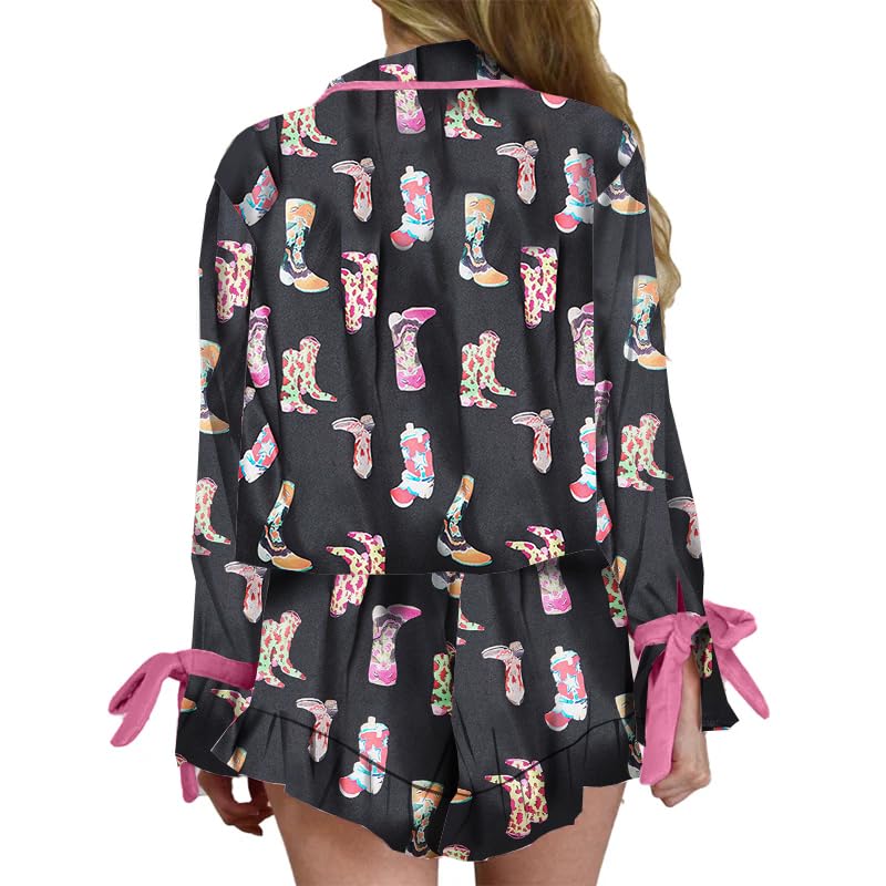 Image of Valentines Heart Bow Pajamas for Women Silk Satin Ruffle Shorts Pjs Tie Front Long Sleeve Shirts Pajamas with Bows