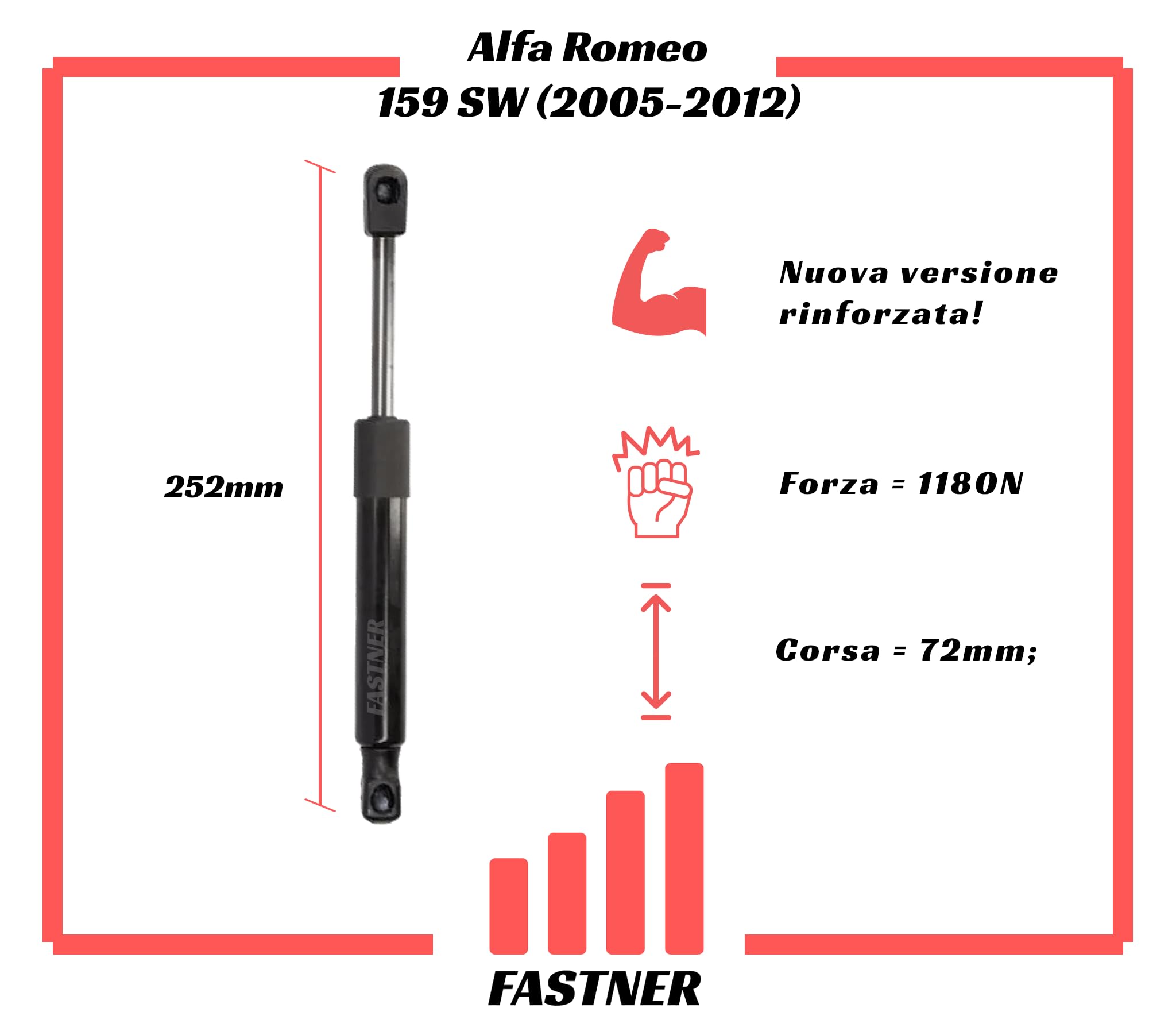 Compatibile con Alfa Romeo Coppia Ammortizzatori Molle a Gas Pistoni Pistoncini Portellone Bagagli Posteriori 159 Sportwagon (2005-2012) 50508010, 505080100
