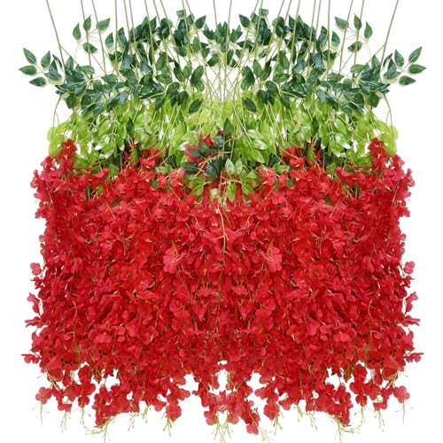 WONICE Artificial Wisteria Hanging Flowers Fake Wisteria Flower Garland Silk Vines Rattan Decor for Home Wedding Arch Wall Garden Greenery Bedroom Outdoor Office Party Decoration (36, Red)