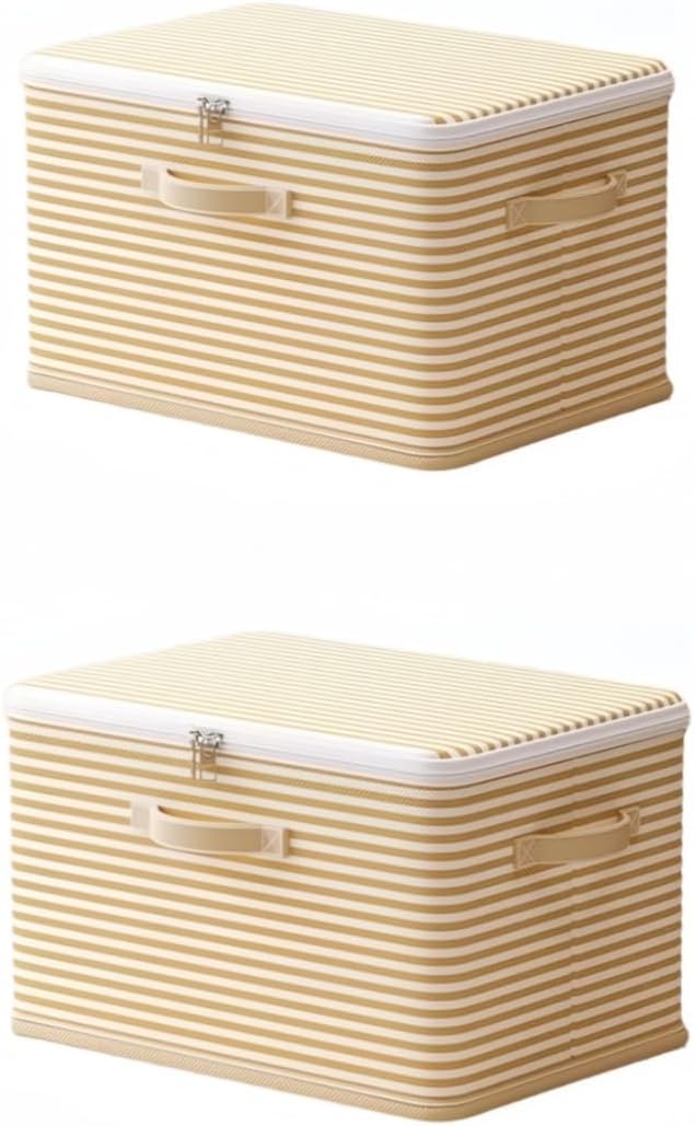 Foldable Storage Containers, Beige Striped Fabric Boxes with Lids, Stackable Closet Organizer Bins for Bedroom, Clothing Storage (Yellow, L)
