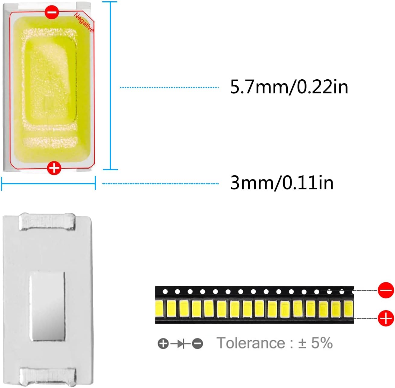 200pcs 5730 (5630) White SMD LED Diode Lights Chips (5.7mm x 3.0mm DC 3V 150mA 0.5W 50-55LM) Super Bright Lighting Bulb Lamps Electronics Components Indicator Light Emitting Diodes