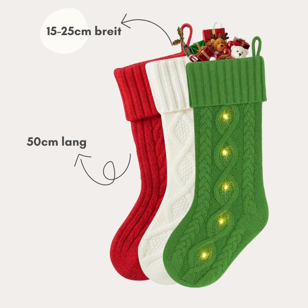 Strong Magnets Handgestrickter Nikolausstrumpf – 50 cm – Rot, Weiß und Grün – Hochwertiger Weihnachtsstrumpf – Traditionelles Design + Gratis Pinboard Magnet