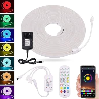 WiFi RGB LED Neon Strip Light, 12V Color Changing WX300P Neon Light Bar, SMD 3535 96 LEDs/M IP67 Waterproof 19.7ft/6M Outdoor Flexible LED Rope Sign Tupe Light with Remote Control/Power Adapter