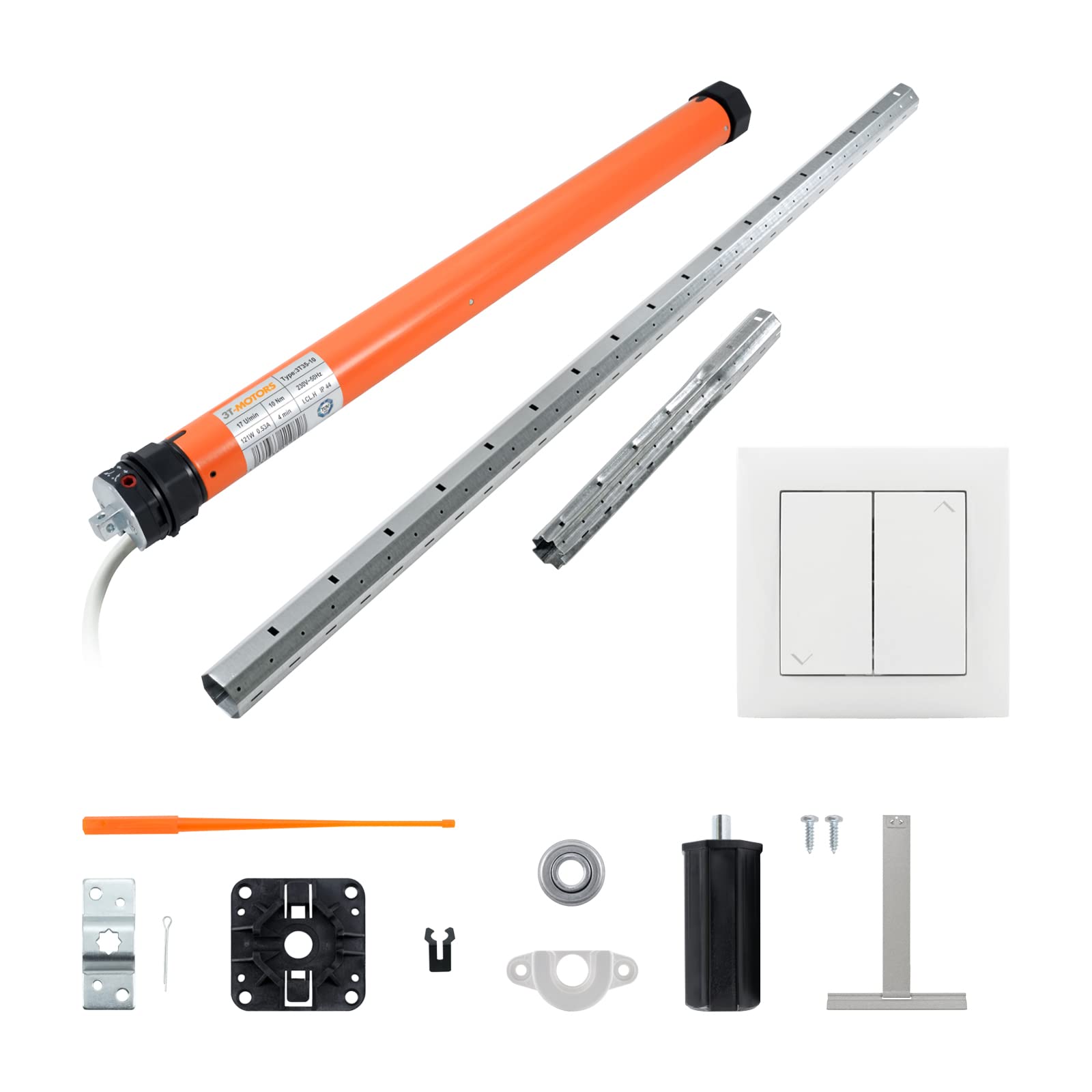 3T-MOTORS Rollladenmotor Komplettset mit Wippschalter, SW40 Welle 1,40 m, 3T35-10 (Zugkraft 10 Nm/25 kg) mit mechanischen Endschaltern, einfache Montage mit Zubehör, Rollladenantrieb