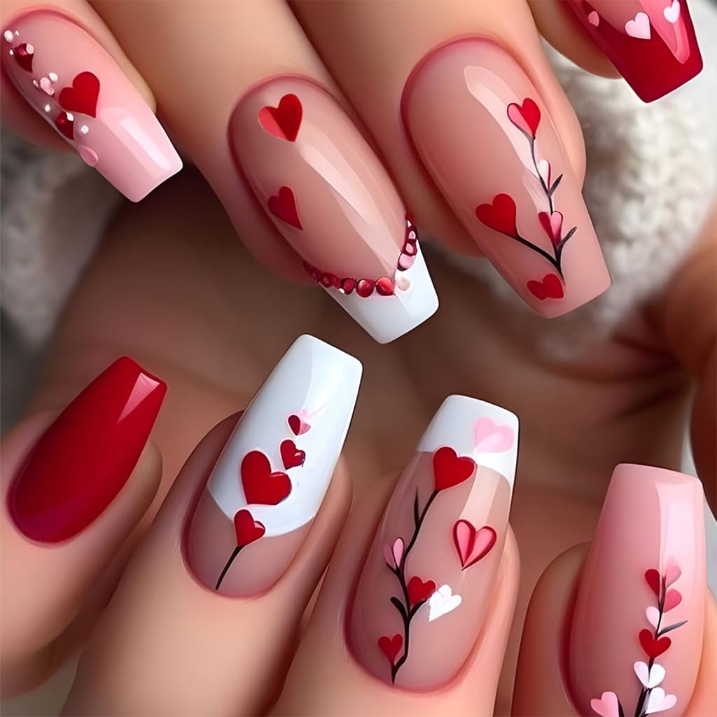 24Pcs Long Coffin Stick on Nails Valentine's Day Nails with Heart Designs Full Covers False Nails