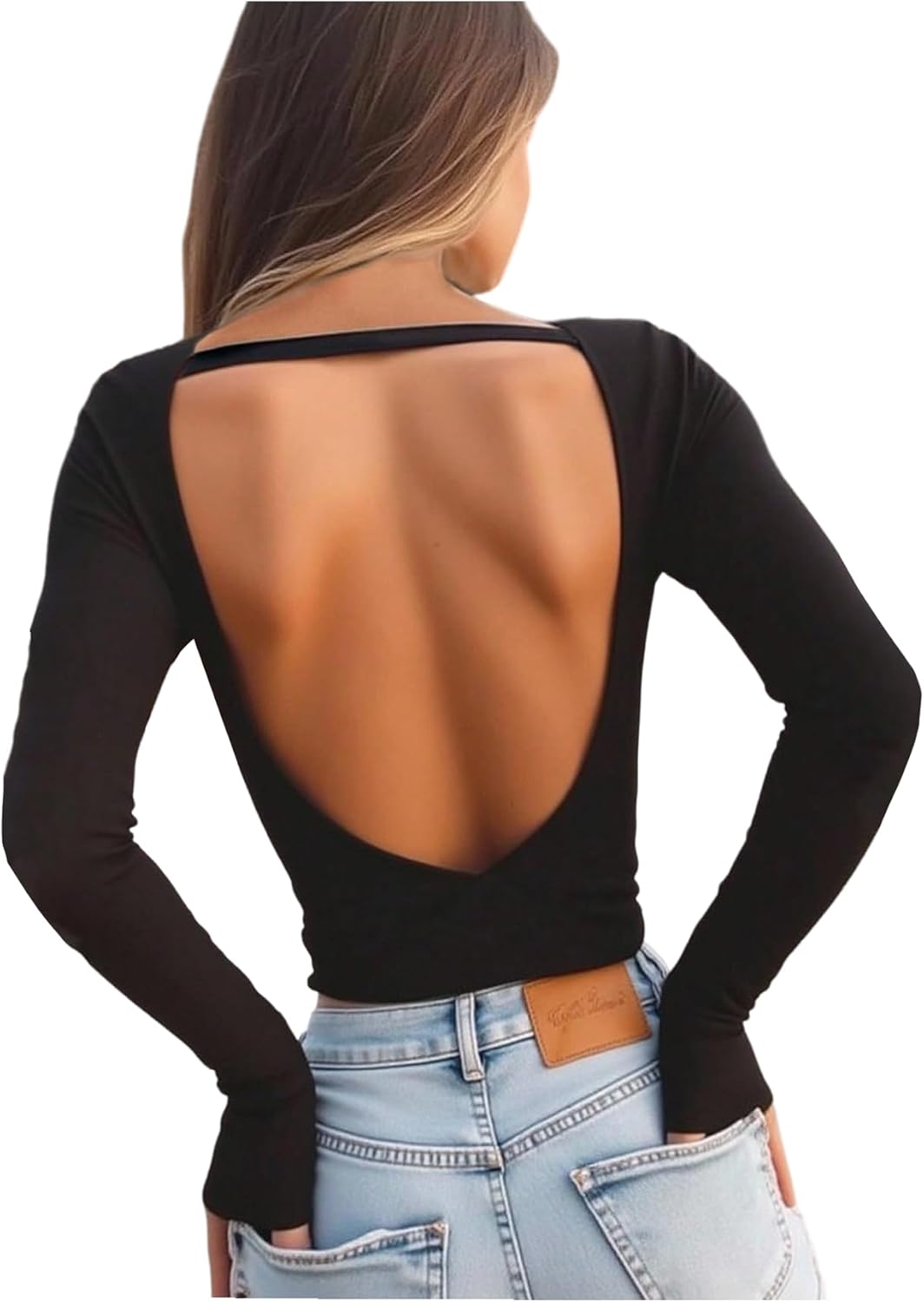 SHENHE Women's Open Back Scoop Neck T Shirt Sexy Long Sleeve Solid Fitted Going Out Tees