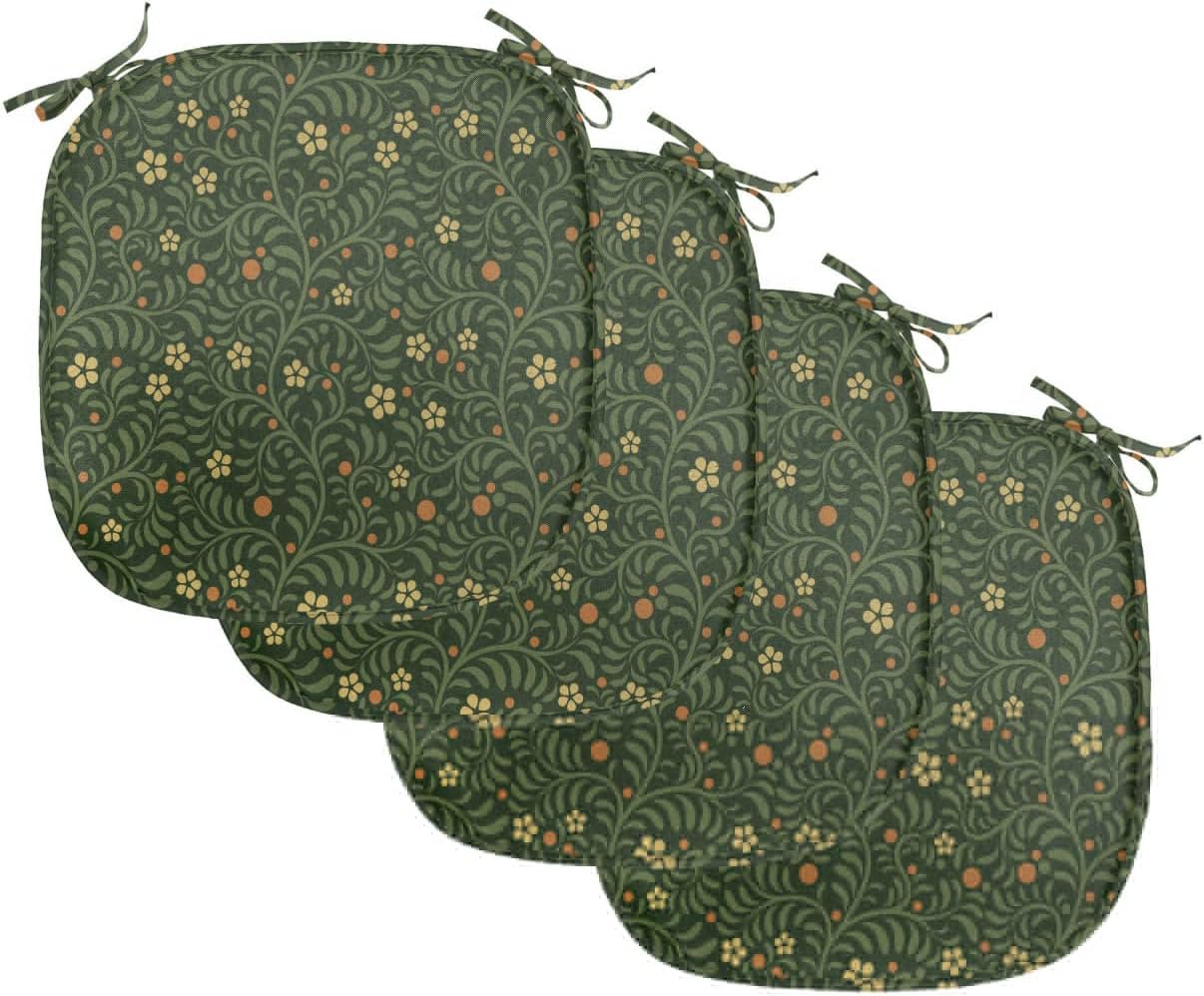 Lunarable Floral Chair Seating Cushion Set of 4, Retro Blossoms Pattern of Leaves Swirly Stems Branches Botanical, Anti-Slip Seat Padding for Kitchen & Patio, 16"x16", Olive Green Ginger and Cream