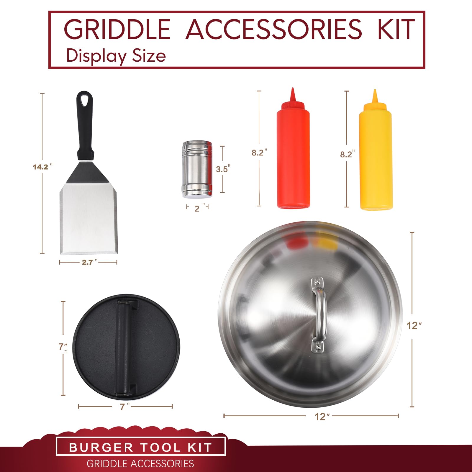 WWM 7" Smash Burger Press & 12" Round Melting Dome, 2Pcs Squeeze Squirt