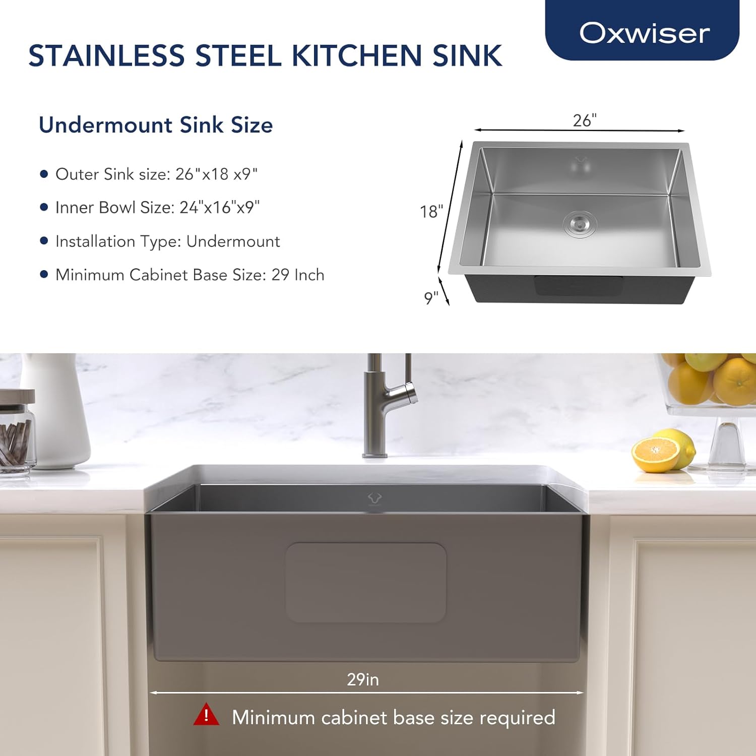 Kitchen Sink 26x18 Inch Undermount Kitchen Sink 16 Gauge Stainless Steel Sinks Single Bowl with Accessories Round Corners Handmade