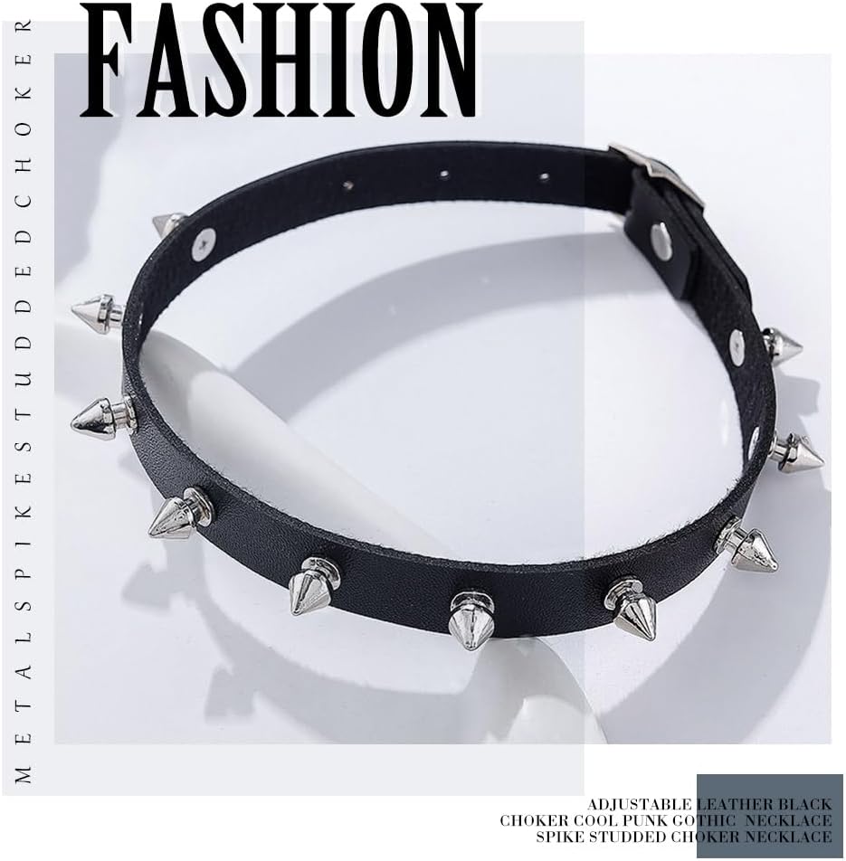 Cool Punk Choker Metal Spike Studded Leather Collar Necklace Black Leather Necklace for Women - Image 3