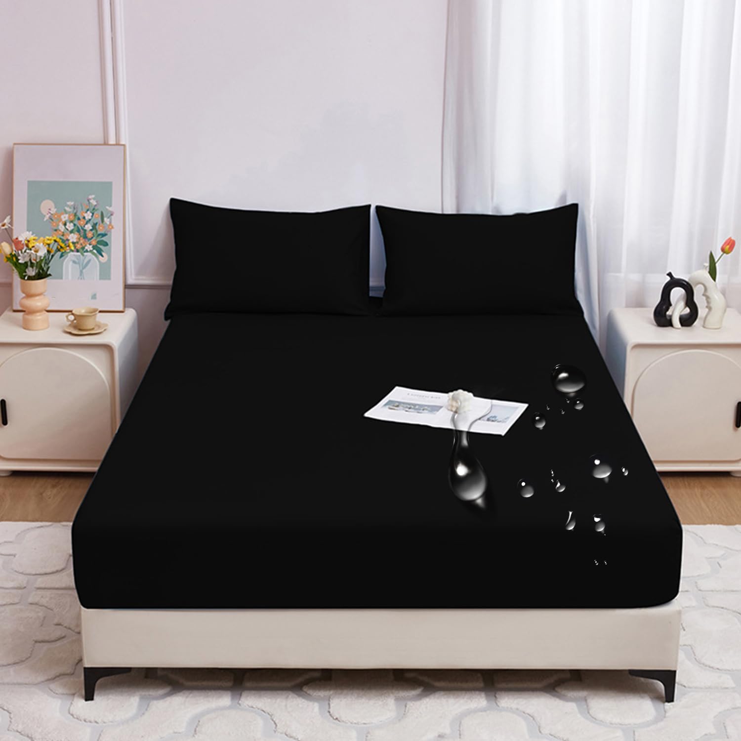 LDLCYCN ,black,180 * 200cm, 100% Waterproof Mattress Protector Cover Queen King Bed Cover Fitted Sheet