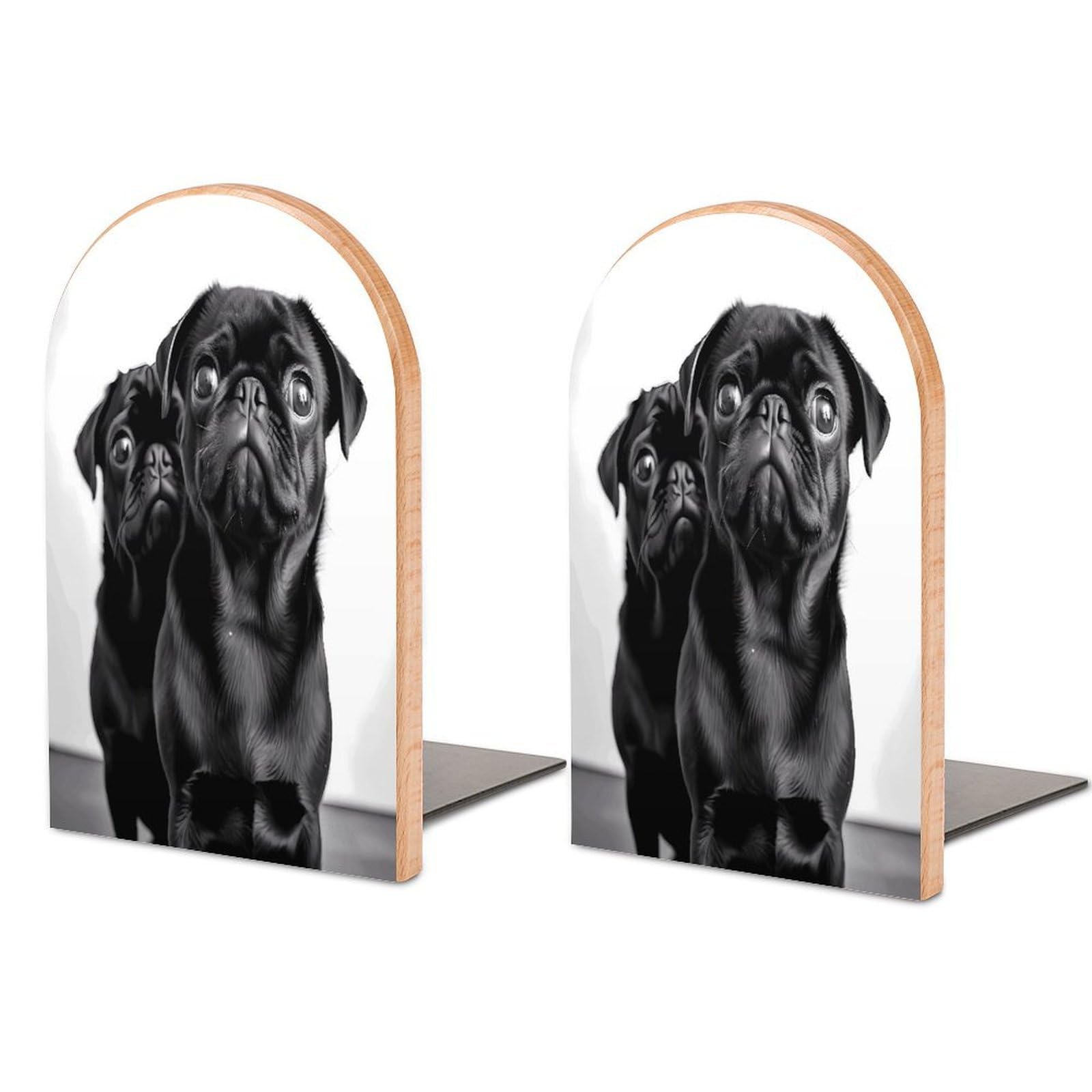 Cute Black Pug Dog Bookends Modern Bookends for Shelves Fashion Heavy Duty Book Stopper Sturdy Non-Skid Metal Base Wood Book Ends for Library Home Office 1 Pair