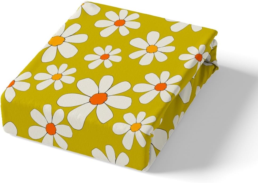 Hippie Flowers Bed Sheets Queen Size,70s Retro Floral Quality Brushed Microfiber Luxury Bedding Set Groovy Cartoon White Daisy with 1 Flat,1 Fitted Sheet,2 Pillowcases