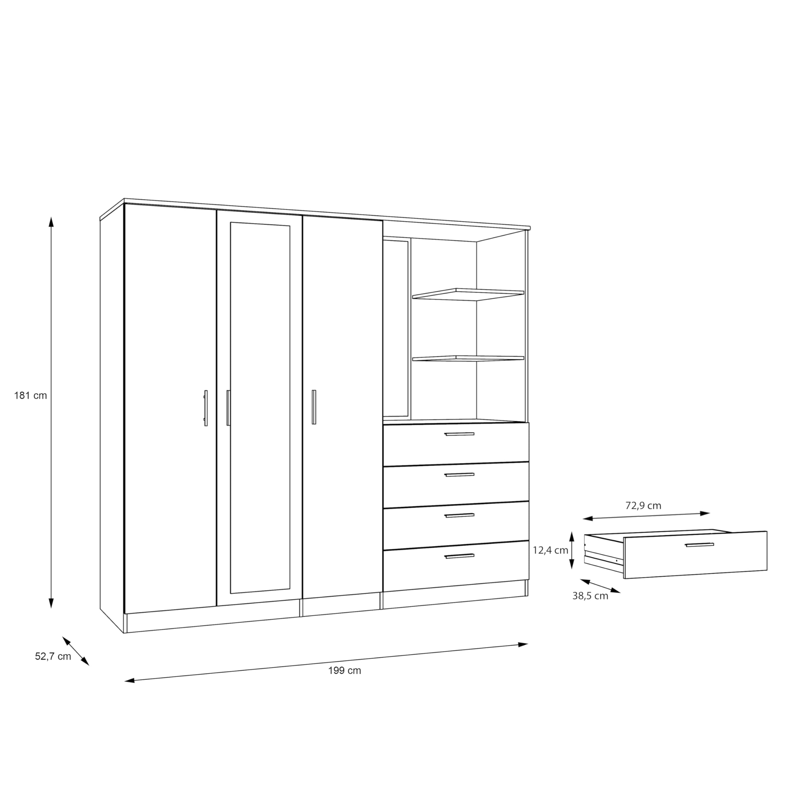 AVANTI TRENDSTORE - Osasco - Armadio nel colore bianco a 3 ante di qui una a specchio e 4 cassetti, sopra i cassetti comodi ripiani. Misure ca LAP 199x181x52,7 cm