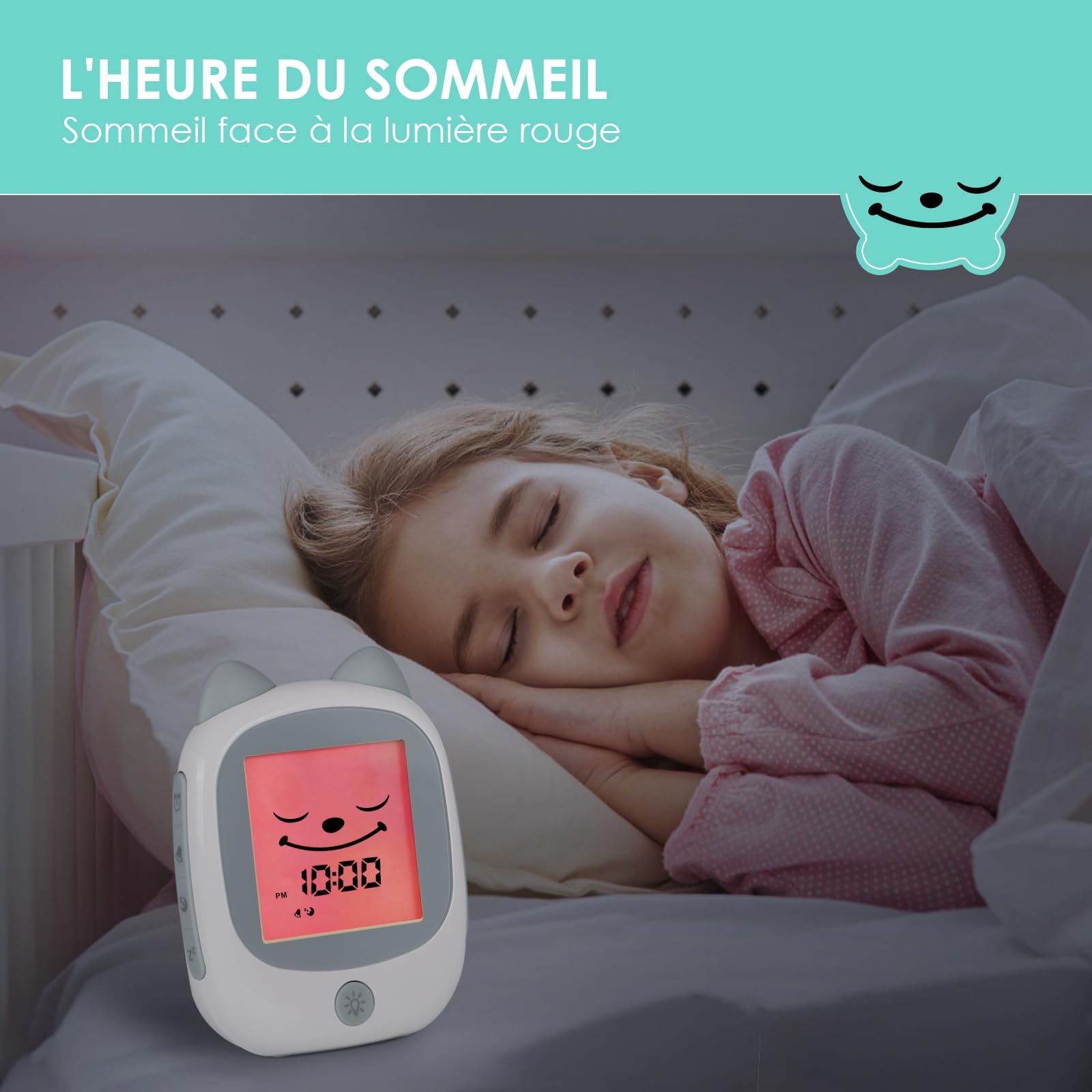 Réveil à bruit blanc, horloge rechargeable pour enfants, alarme jour/nuit/fonction snooze