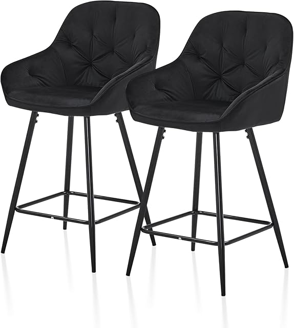 TUKAILAi Industrial Bar Stools Set of 2 Black Velvet Kitchen Breakfast Counter Stools 65cm Seat Height with Armrest and Metal Base Footrest Dining Island Pub Party Barstools Home Furniture
