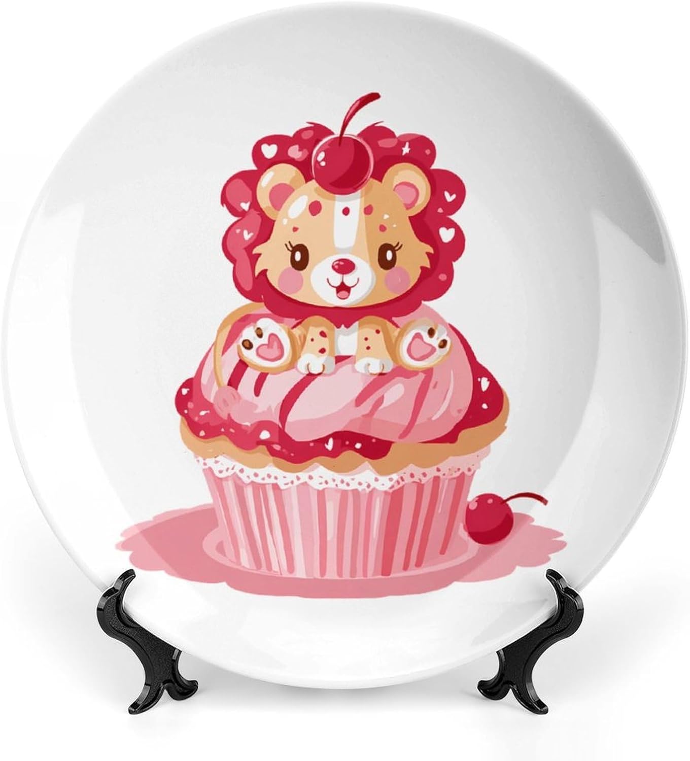 Lion on Cupcake Cherry Decorative Plates for Display Ceramic Plate Tray with Stand Hanger Home Decor