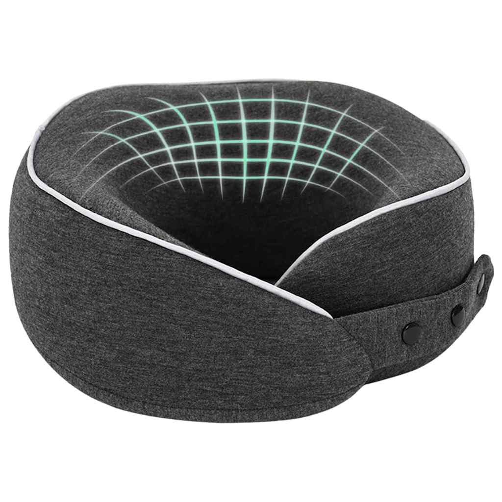 Cuscino da viaggio per il collo, grigio scuro, in memory foam ergonomico, con rivestimento in cotone rimovibile, 28 x 28 x 14 cm, facile da trasportare con custodia per aereo, treno e auto