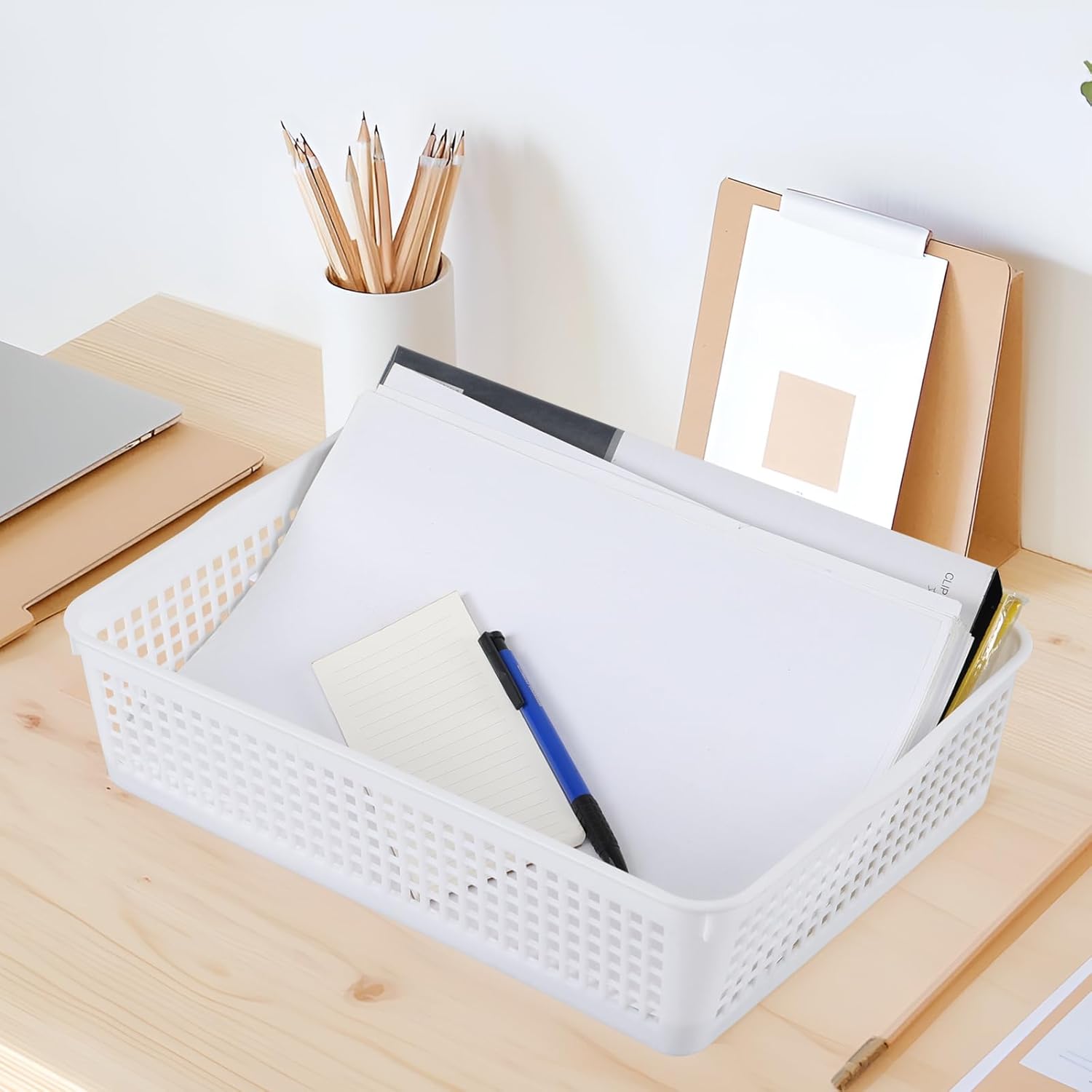 6 Pack A4 Paper Storage Basket for Desktop, White Shallow Plastic Storage Basket Tray