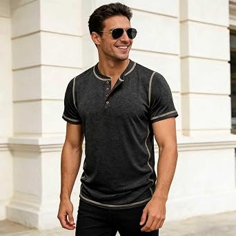 Men's Henley Shirts Short Sleeve Button Cotton T Shirts