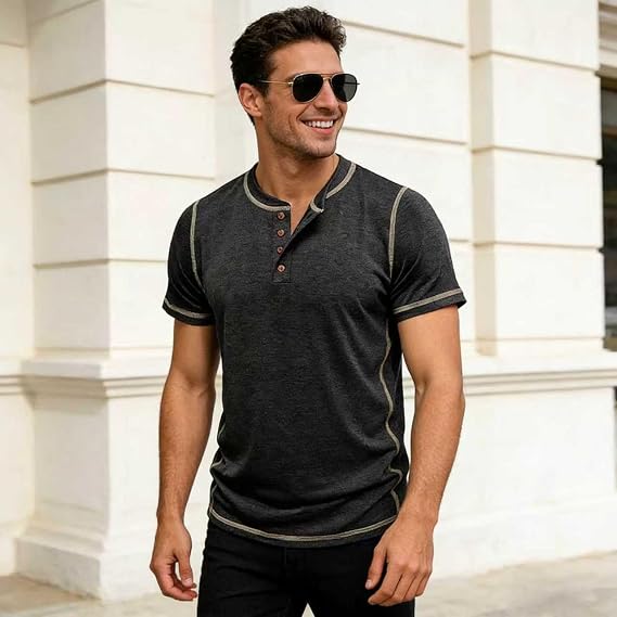 Men's Henley Shirts Short Sleeve Button Cotton T Shirts