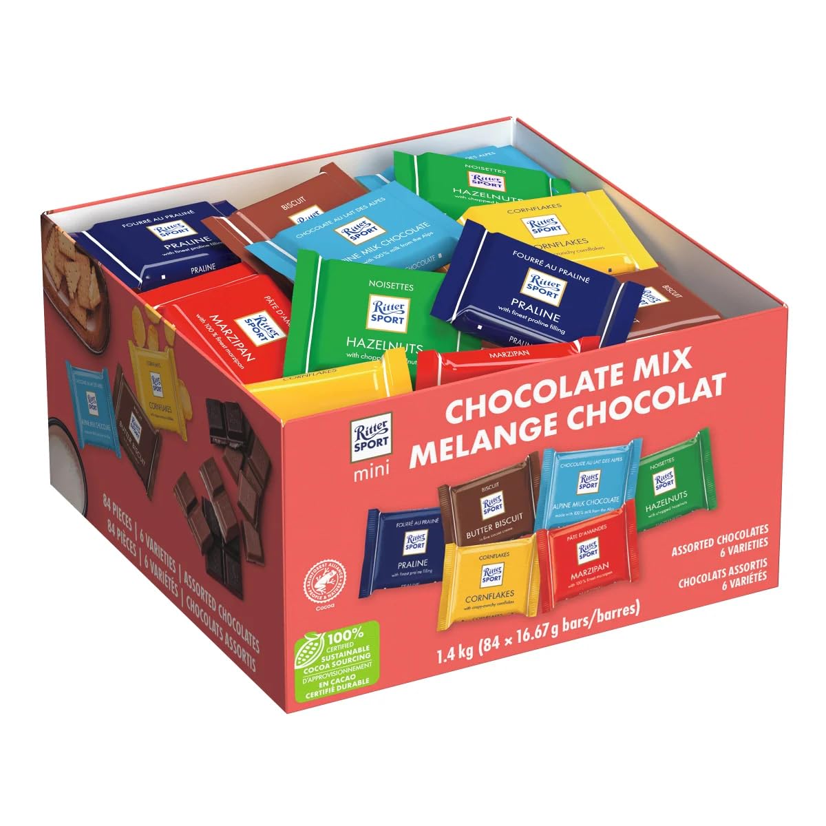 Ritter Sport Mini Chocolate Bars, Assorted Flavors Colorful Variety, 0.59 ounce, 84 Count, 100% Certified Sustainable Cocoa