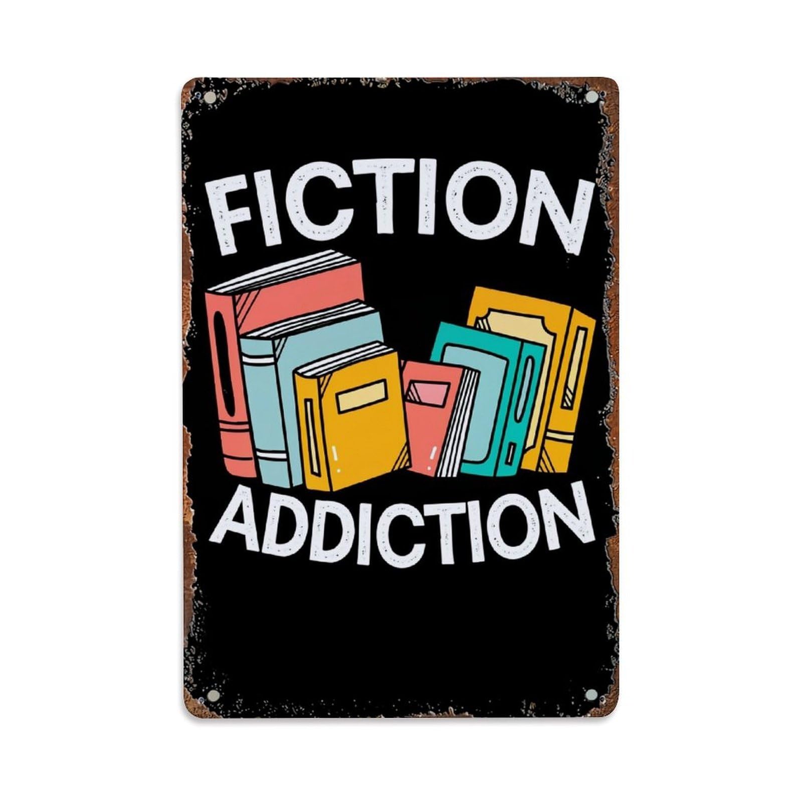 Jdyaojiesheng Vintage Fiction Addiction Book Stack Pattern Tin Sign Retro Metal Wall Decor Metal Poster, Home Bar Garage Farmhouse Cafe Wall Art Decoration 8X12inches