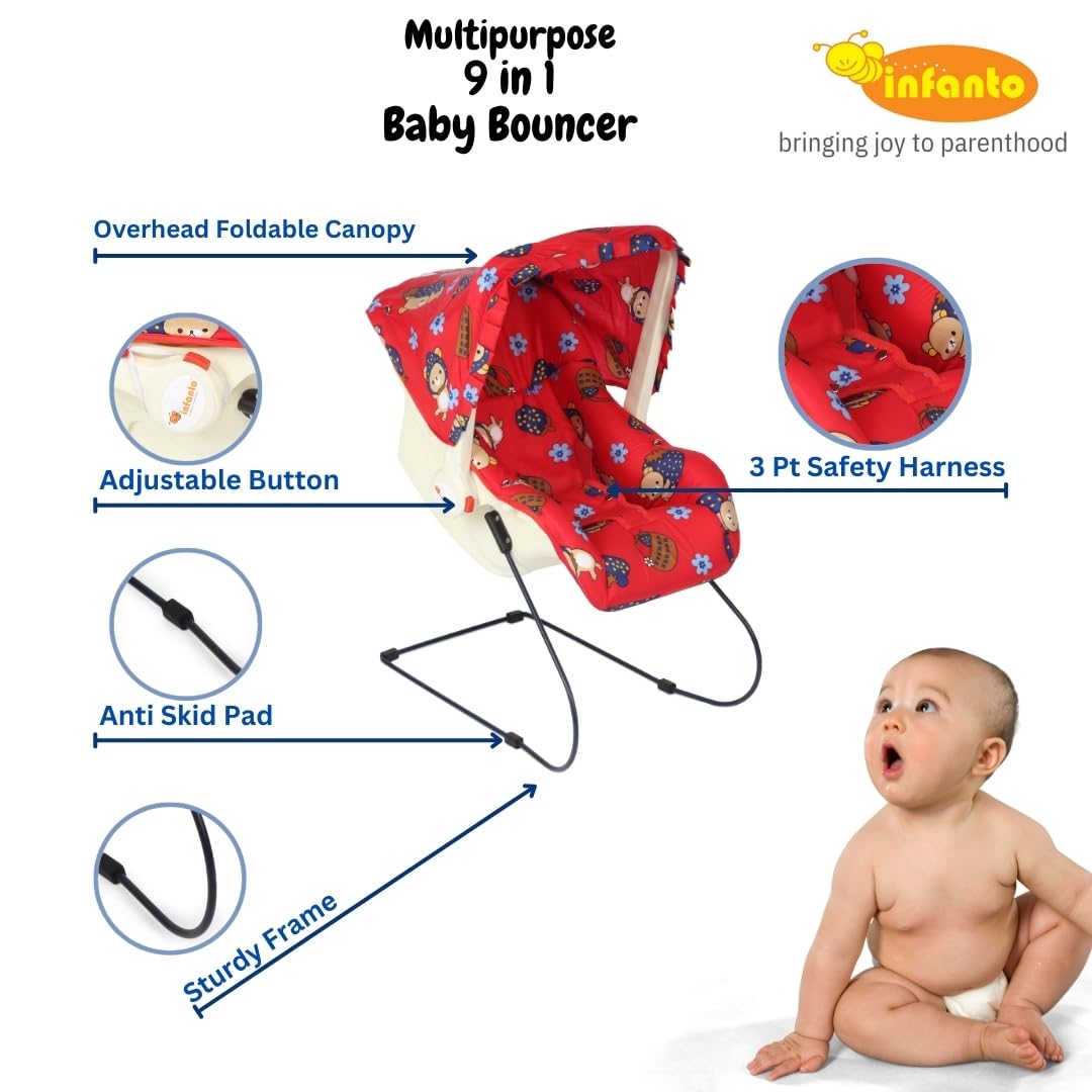 INFANTO Multipurpose 9 in 1 Bouncer | Compatible with Stroller | Rocker | Feeding Chair | Sleeping Carrier | Bath Chair | Mosquito Net | (Pink) (RED) - Image 5 thumbnail