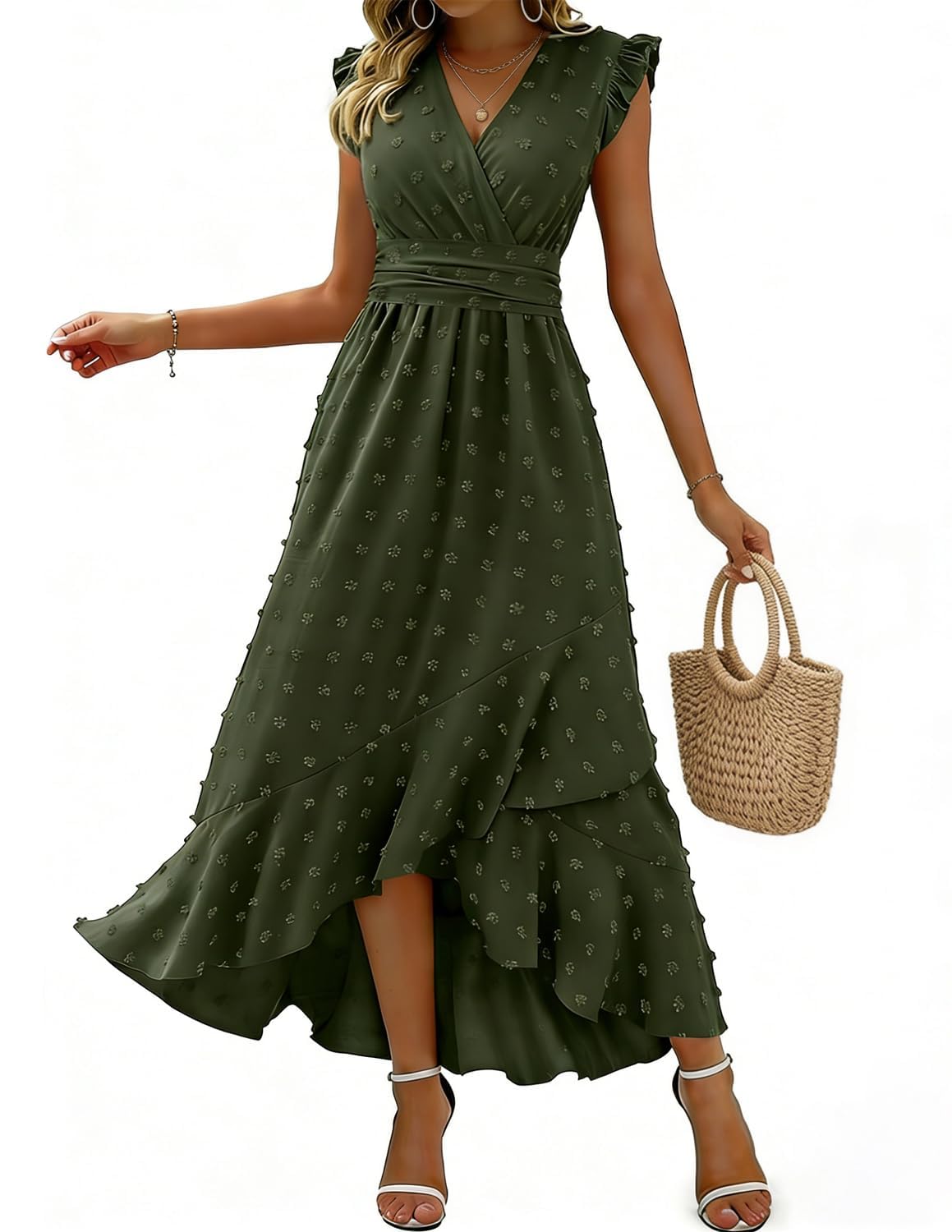HUXRAKV Sommerkleid Damen Boho Kleid Lang 2026 Kleid Damen V-Ausschnitt Hohe Taille Rüschen Schlitz Für Strand Hochzeit Cocktail Party