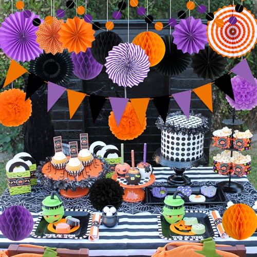 Image of 26 Pcs Halloween Party Decorations Kit, Paper Fans Pom Poms Banner 8-16 in | Orange purple black fans, pom poms, honeycomb balls, banner, swirls for Halloween birthday, indoor outdoor party decor