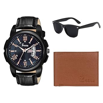 Zesta Boys/Mens Analogue Dial Leather Strap Combo Set of Watch with Wallet and Sunglass (Brown)