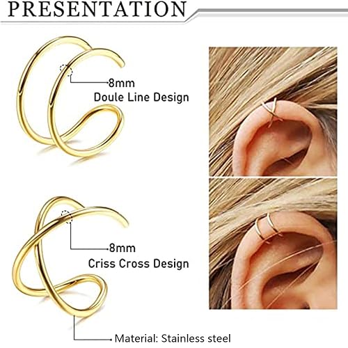 Miniatura 3 de 4 Pcs Stainless Steel Ear Cuff Criss Cross Double Lines Ear Cuffs Non-Piercing Minimalist fake Helix Earcuff Cartilage Earring, Huggie Helix