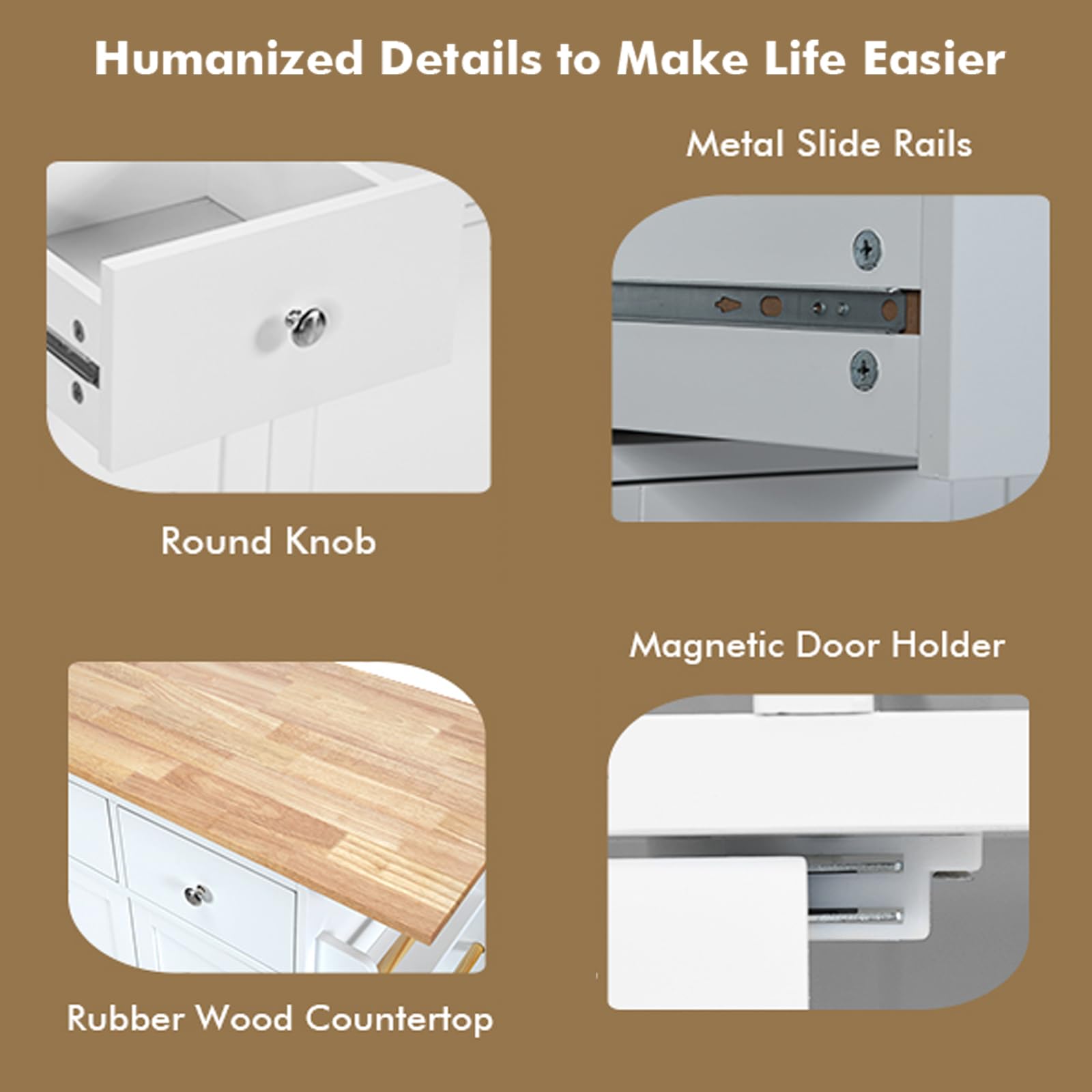 KOMFOTTEU Carro de Cocina con Encimera de Madera Maciza, Carrito Auxiliar con Estante Lateral, 2 Cajones, Armario con Puertas, Isla de Cocina con Ruedas y Estante Ajustable, 88 x 46 x 90 cm (Blanco)