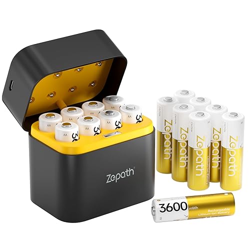 Zepath Rechargeable Lithium Batteries AA 16-Pack with Charger, 3600mWh High Capacity 1.5V double A Batteries, Long Lasting Rechargeable aa Li-ion Battery with Integrated Charing Storage Box - 3600mWh 16xAA+8-Slots