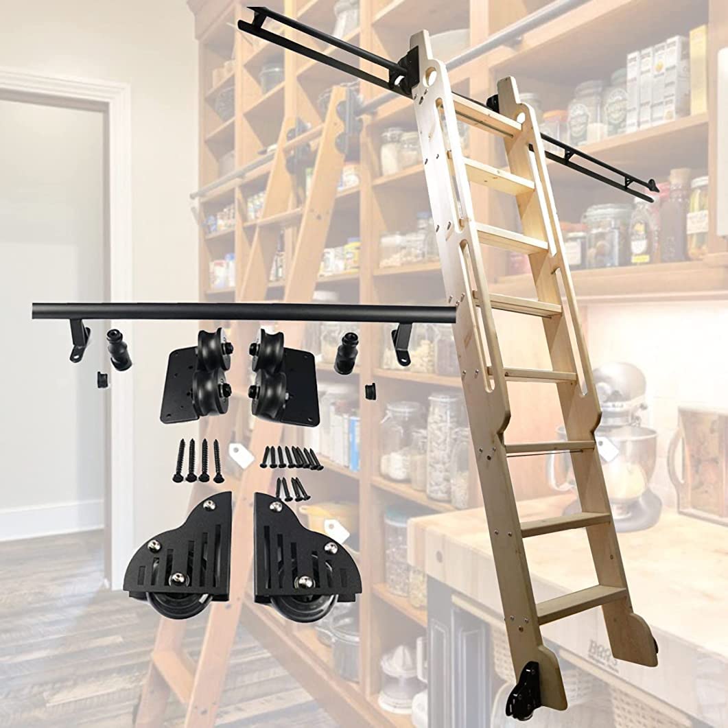 DFGHNBVC Sliding Ladder Hardware Library Rolling Library Track Kit,Sliding Barn Door Kit For Home/Indoor/Loft,Round Tube Mobile Ladder Track - Black,Black-6.6Ft/200Cm Track Kit
