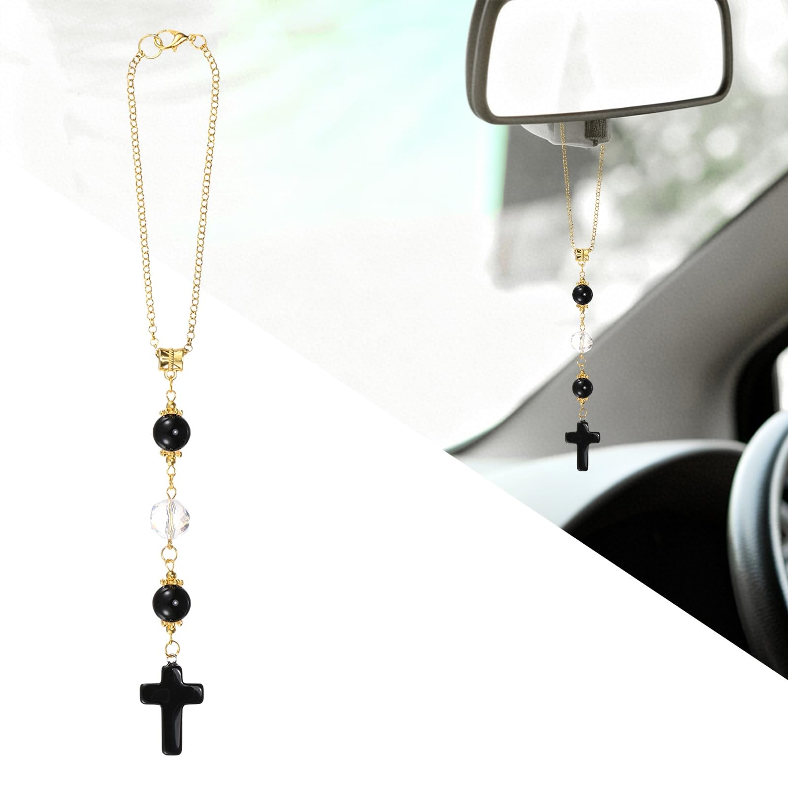 M METERXITY 1-Pack Crystal Cross for Car Mirror Hanging Sun Catcher Rearview Mirror Pendant Cross Crystal Decoration Charm for Car/Home/Christian/Party 8.7 Inch[Black]