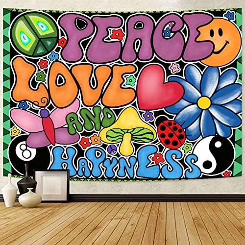 Peace Love and Happiness Tapestry 60x80Inch 70s Theme Party Tapestries Vintage Party Tapestry Hippie Aesthetic Tapestry Wall Hanging for Bedroom Living Room Decor