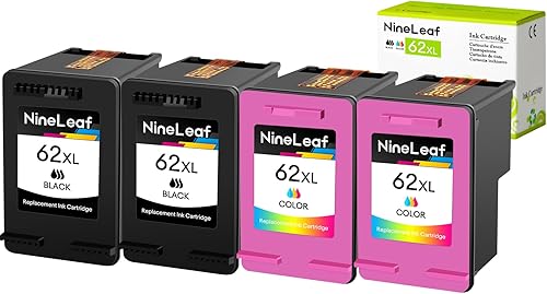 Nineleaf - 4 cartuchos de tinta remanufacturados 62XL 62 XL de alto rendimiento C2P05AN C2P07AN para impresora HP Envy 5640 5642 5643 5644 5646 5660
