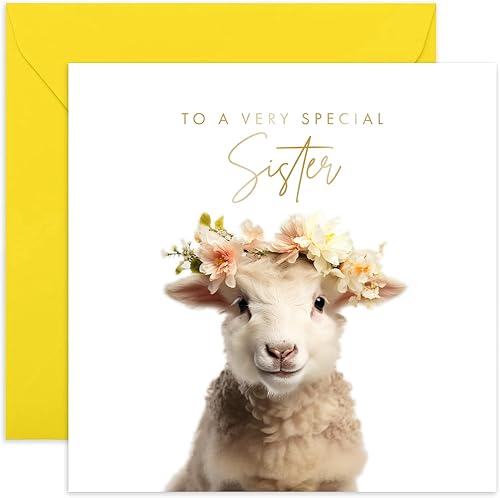 Old English Co. Baby Lamb Very Special Sister Card - Tarjeta de cumpleaños con diseño floral de cordero para ella, lindas tarjetas de felicitación