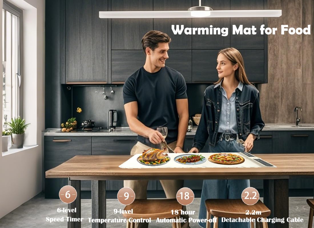 Sprigold Silicone Food Warming Mat Electric Warming Tray with 9 Temperature Settings and 6 Timer Settings, 8s Rapid Full-Surface Heating,18h Warming Roll Up Food Warmer for Parties Home Travel (Beige)