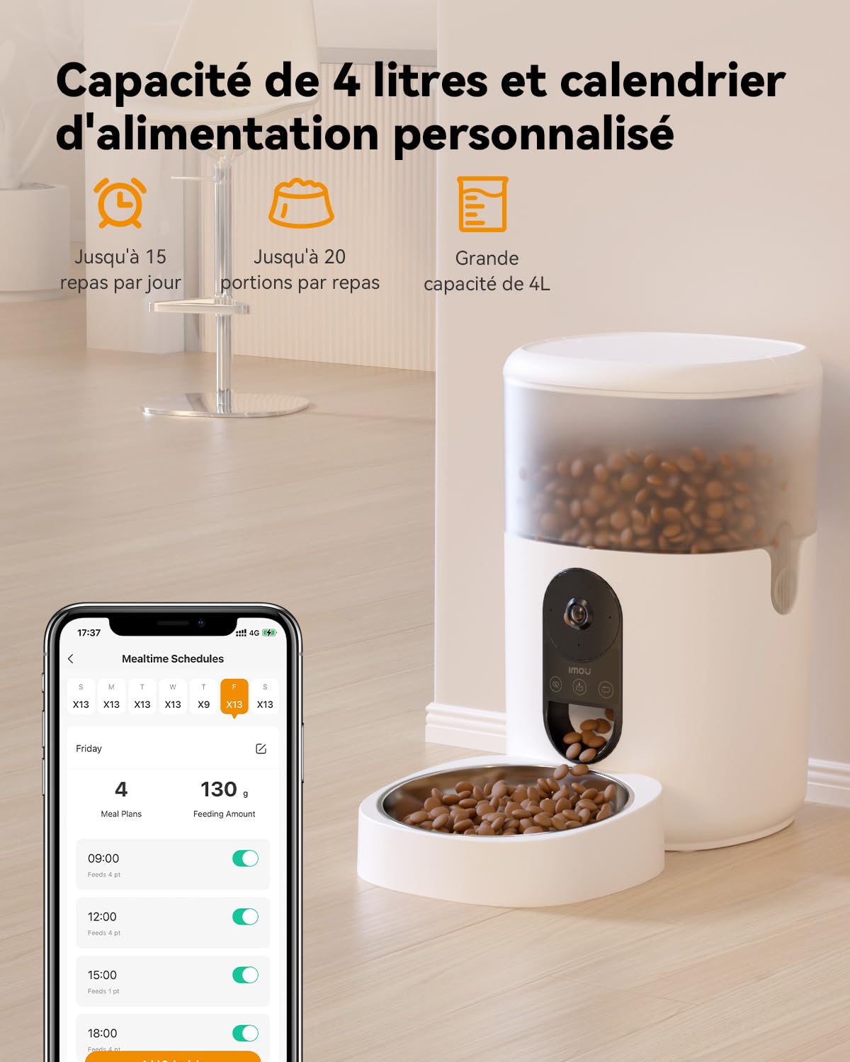 Imou 4L Distributeur Croquettes Chat Automatique avec 360° Caméra 4MP | Distributeur Croquettes Chat/Chien, Capteur de Faible Niveau de Nourriture, Détection de Mouvement/Animal, 1 à 15 Repas