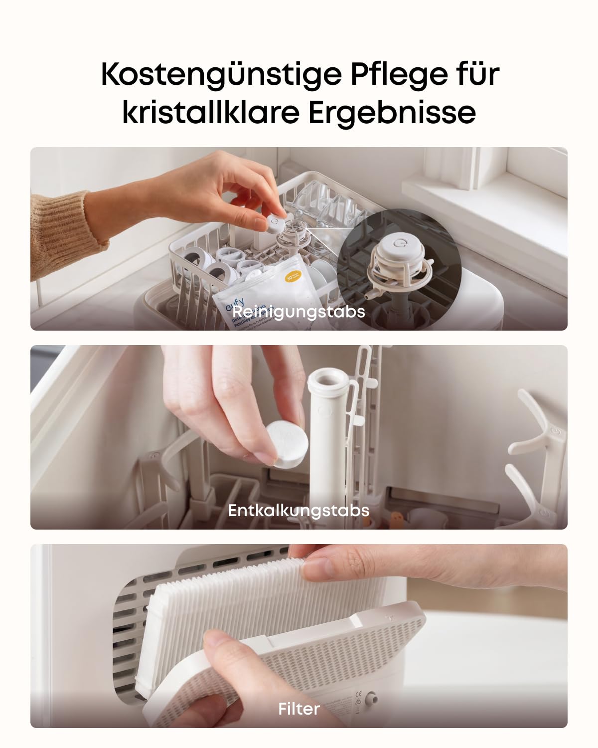 eufy 6-Monats-Reinigungsset für eufy Babyflaschen-Spülmaschine, mit Reinigungstabs (180 Stück), Entkalkungstabs (6 Stück) und Filter