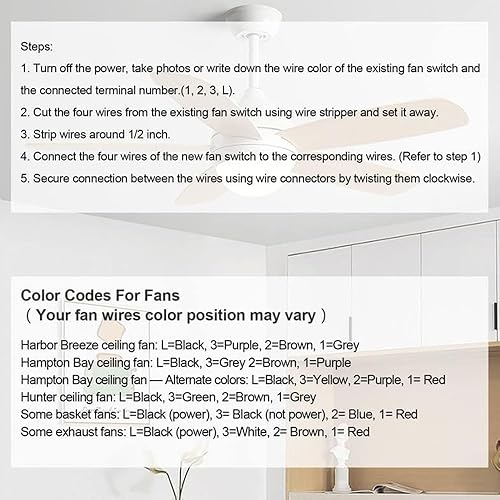 Miniatura 5 de Ventilador de techo de 3 velocidades, con 4 cables preinstalados, Zing Ear ZE-208s E89885 Interruptor de cadena de tracción de 4 cables, pieza de