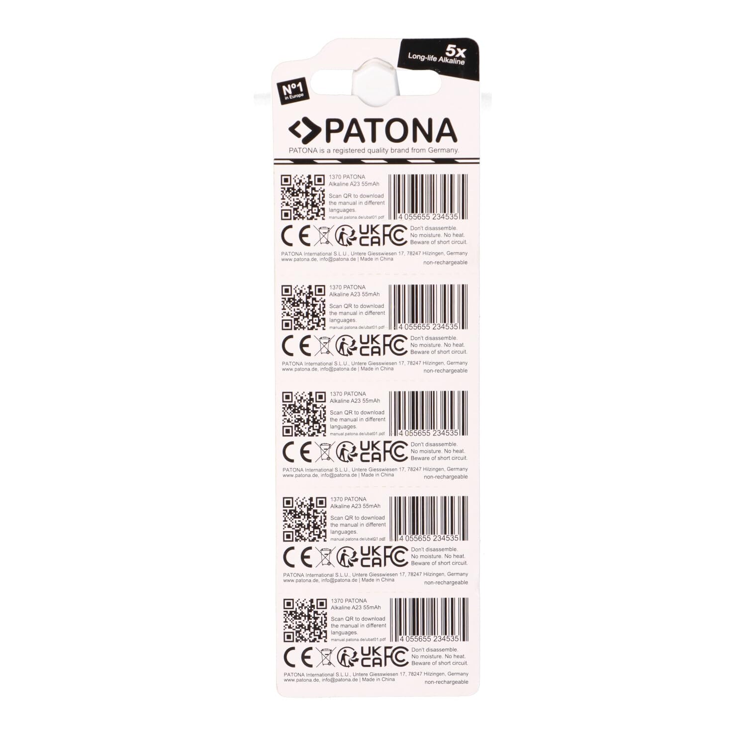 PATONA Lot de 100 (20 x 5 pièces) 12 V 23 A 23GA MN21 - Batterie spéciale pour ouvre-porte de garage, télécommandes, systèmes d'alarme, casque Bluetooth, etc. Compatible avec MN21, V23GA, 3LR50, LRV08