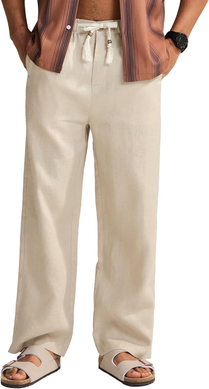 maamgic Mens 100% Linen Pants 2 in 1 Casual Pants for Summer Beach Vacation Drawstring Elastic Waist Trousers
