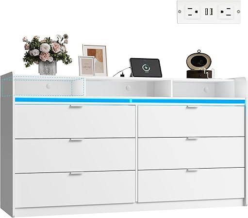 WLIVE 9 Drawer Led Dresser for Bedroom, 58.35'' White Wood Dresser Storage Organizer with Power Outlets for 65'' TV, Dressers with Open Shelves, Chest of Drawers for Closet, Living Room