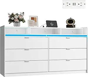 WLIVE 9 Drawer Led Dresser for Bedroom, 58.35'' White Wood Dresser Storage Organizer with Power Outlets for 65'' TV, Dressers with Open Shelves, Chest of Drawers for Closet, Living Room