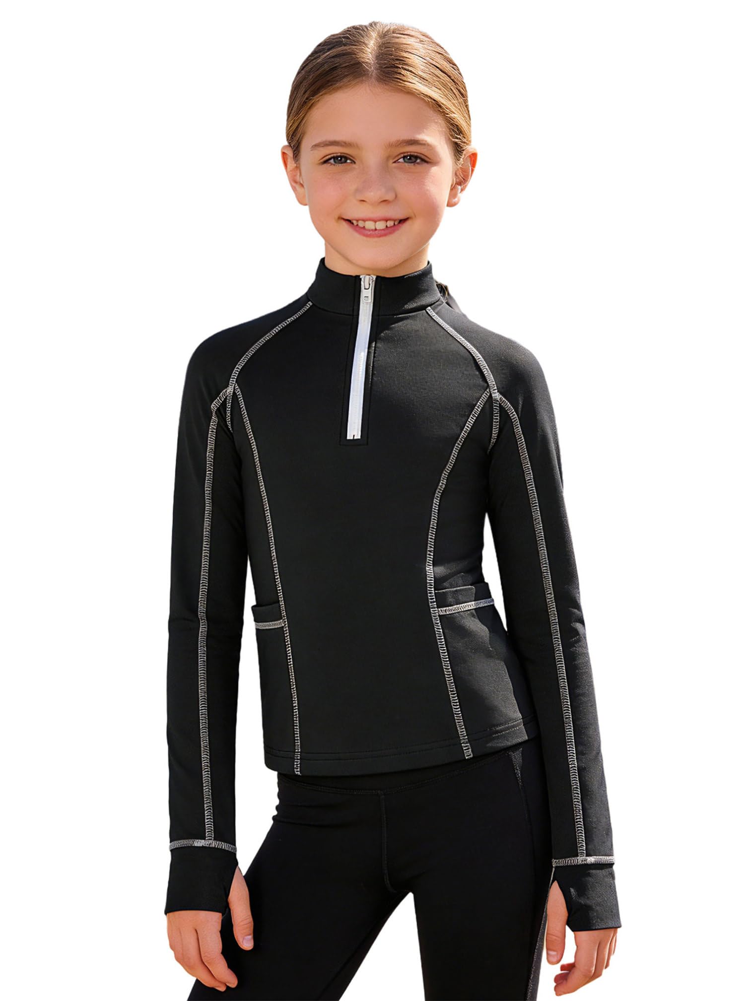 Agoky Mädchen Sportshirts Langarm Stehkragen T-Shirts Basic Einfarbig Laufshirts mit Daumenlöcher Taschen 1/4 Reißverschluss Funktionsshirts Atmungsaktive Tops