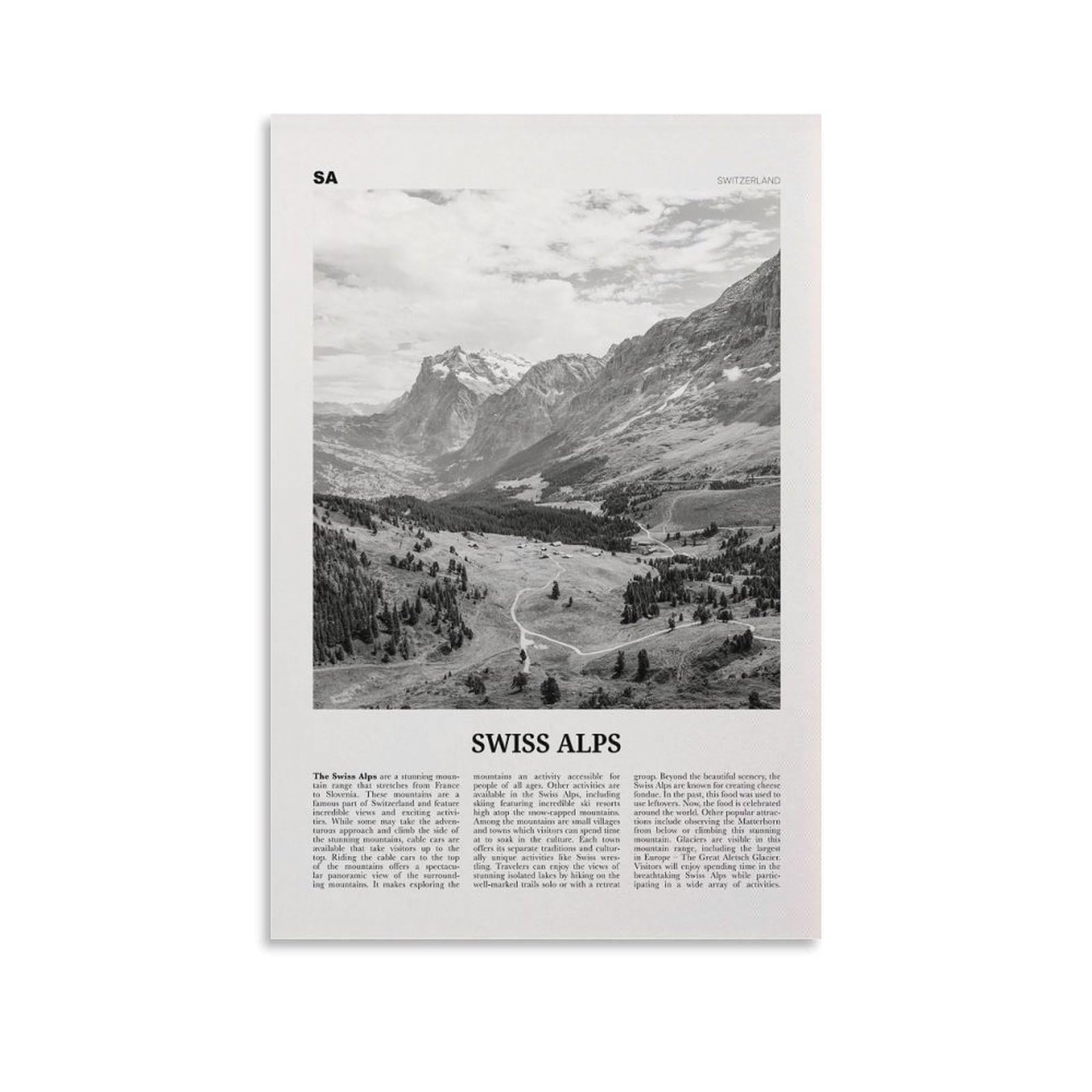 LZTEN Swiss Alps Print Black And White, Swiss Alps Wall Art, Swiss Alps Poster, Swiss Alps Photo, Swiss Alps Wall Décor, Switzerland Canvas Wall Art Poster