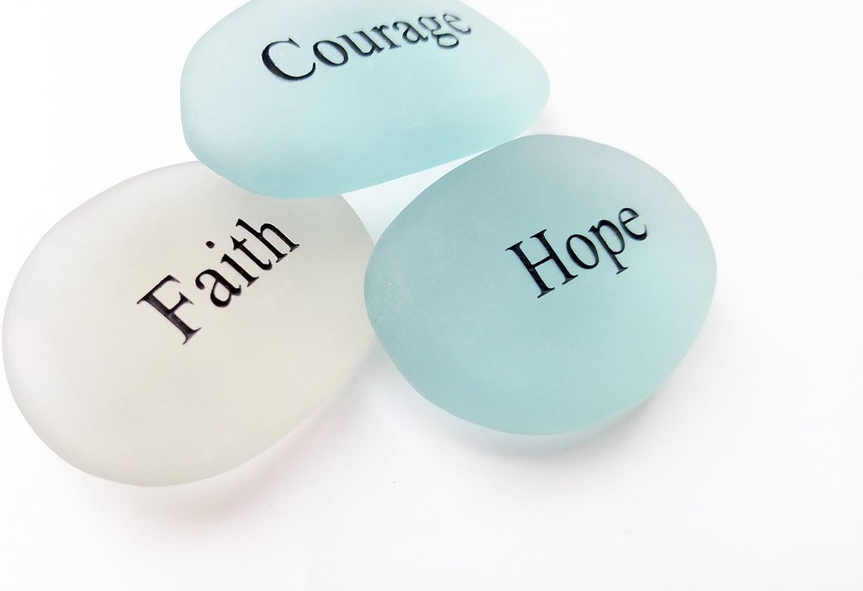 Courage, Faith, Hope Sea Glass Engraved Stones Motivational Inspirational Words, Perfect Gorgeous Unique Gift Ideas for Any Occasion Sets, Home Garden Decor (Courage, Faith, Hope)
